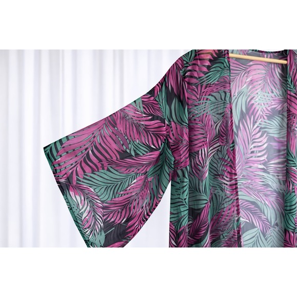 Kimono Maxi Duster Sheer Cardigan Open Front Palm Tropical Beach Oversized Small - Picture 2 of 9